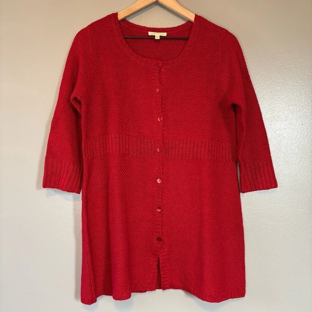 Eileen Fisher XS Italian Yarn - 100% Hemp Half Sleeve Knit Cardigan Red